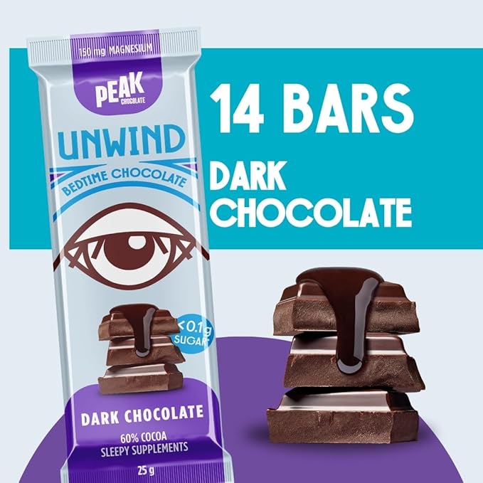 61N+HhThqrL._AC_SX679_ Peak Chocolate UNWIND Bedtime Dark Chocolate Bars - Gluten-Free, Vegan - 25g x 14 Bars - Image 1