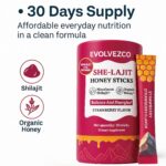 EVOLVEZCO She-Lajit Honey Sticks – Strawberry Flavor – With Shilajit, Shatavari & Saffron – Organic Honey Blend – 30 On-the-Go Sticks - Image 2